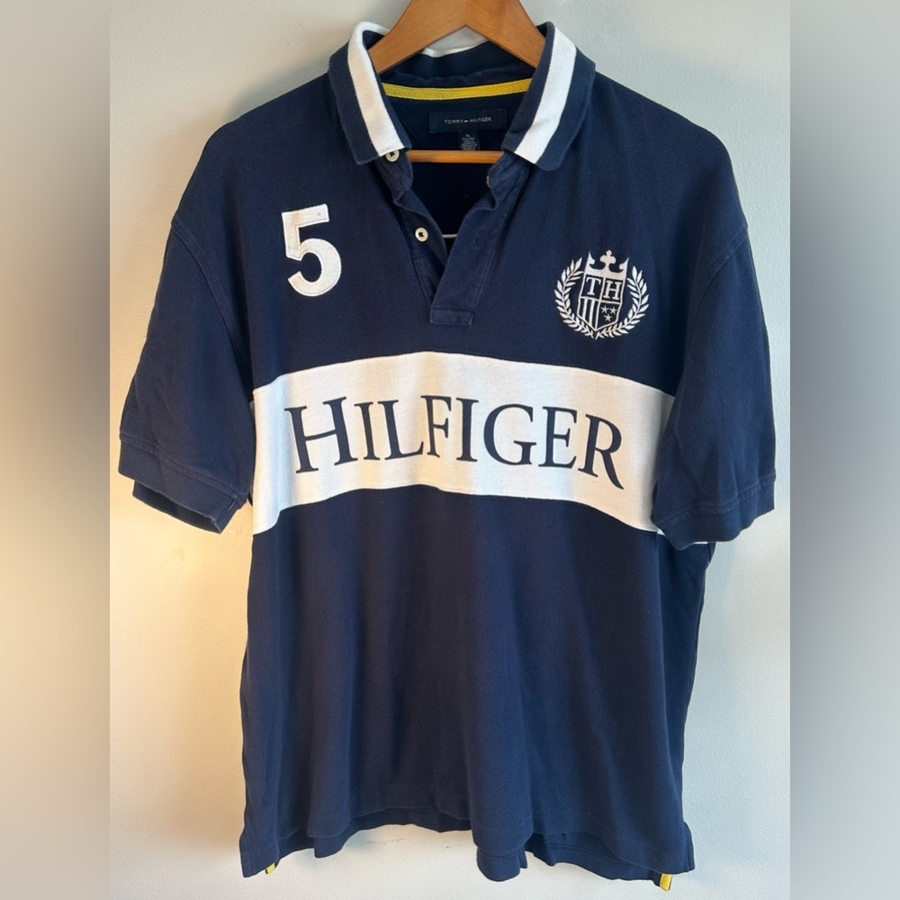Tommy Hilfiger Polo Shirt XL Navy Blue Rugby Classic Color Block #5 Embroidered